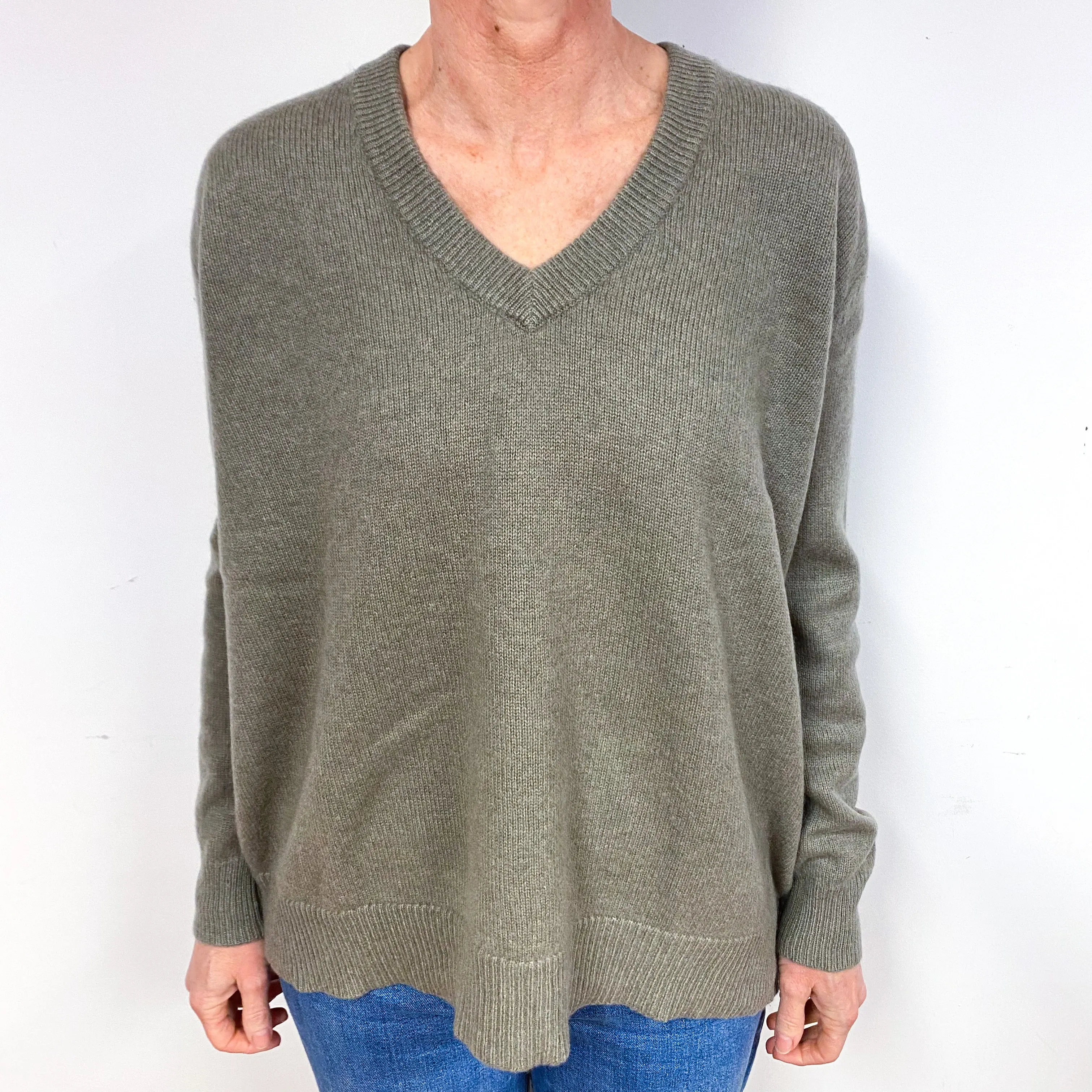 Soft Khaki Green Slouchy Cashmere V-Neck Jumper Medium