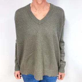 Soft Khaki Green Slouchy Cashmere V-Neck Jumper Medium