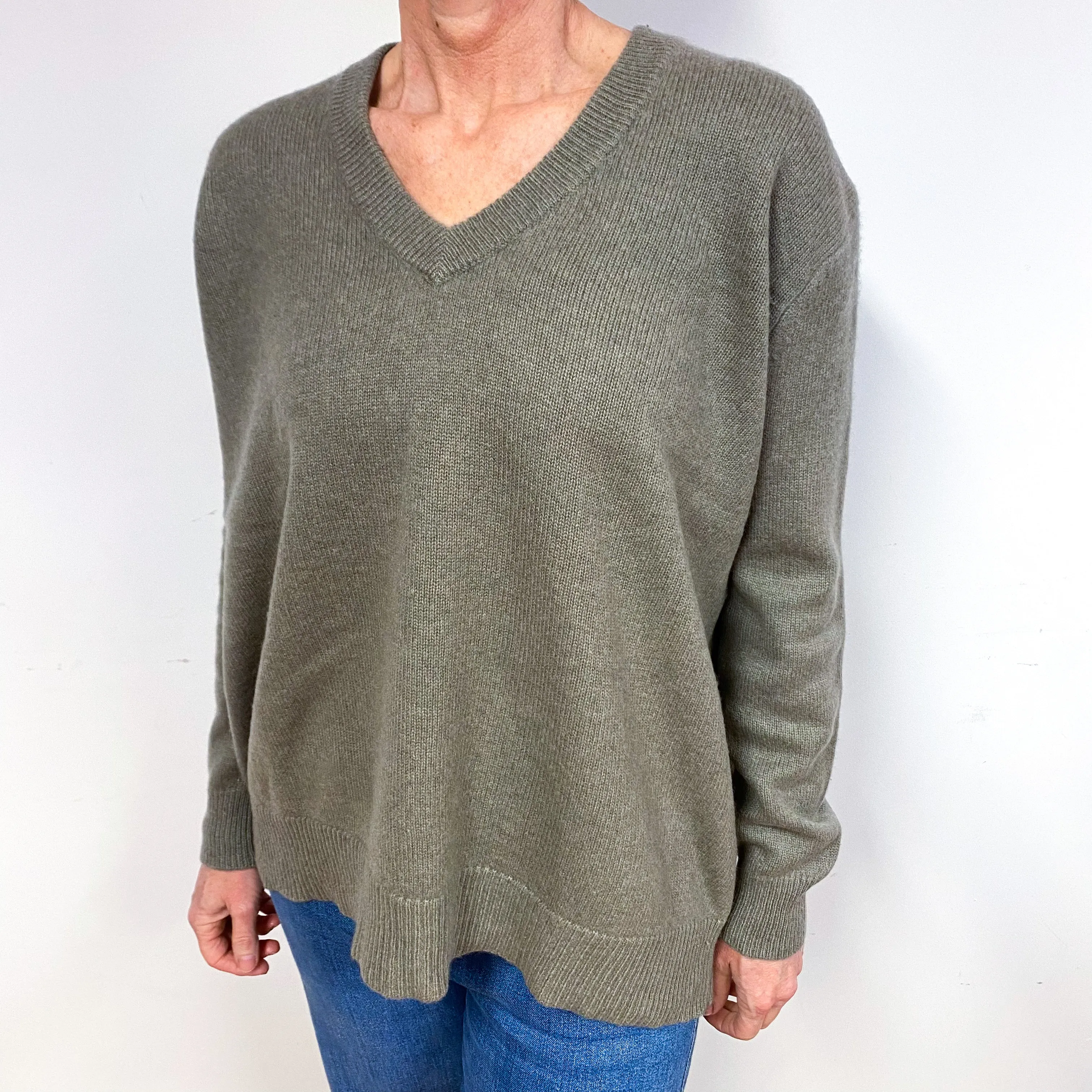 Soft Khaki Green Slouchy Cashmere V-Neck Jumper Medium
