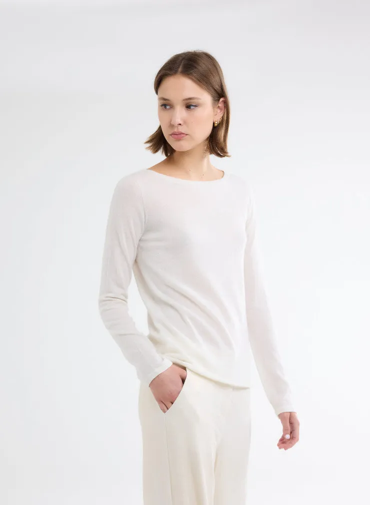 T-shirt Écru Col Bateau Manches Longues en 100% Cachemire